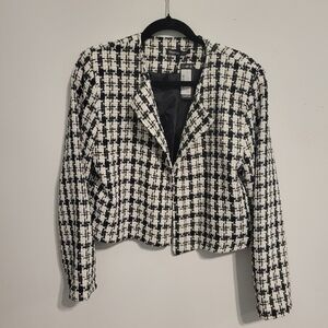 NEW HOUNDSTOOTH BLACK WHITE CROPPED OPEN FRONT CAREER BLAZER JACKET 12 XL NWT